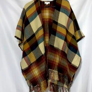 Charter Club One size Multicolor Plaid Fringe Wrap BUTTON AT SIDES‎ FALL COLORS